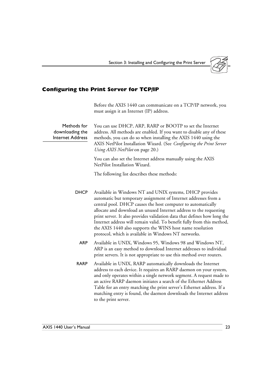 Configuring the print server for tcp/ip, Methods for downloading the internet address | Epson 1440 User Manual | Page 33 / 100