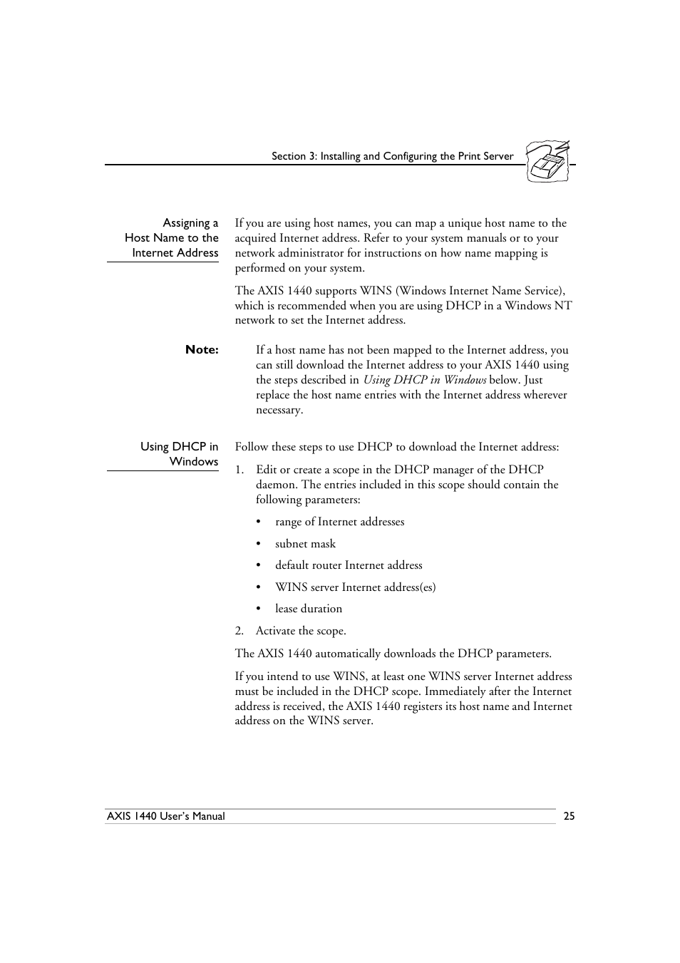 Assigning a host name to the internet address, Using dhcp in windows | Epson 1440 User Manual | Page 35 / 100