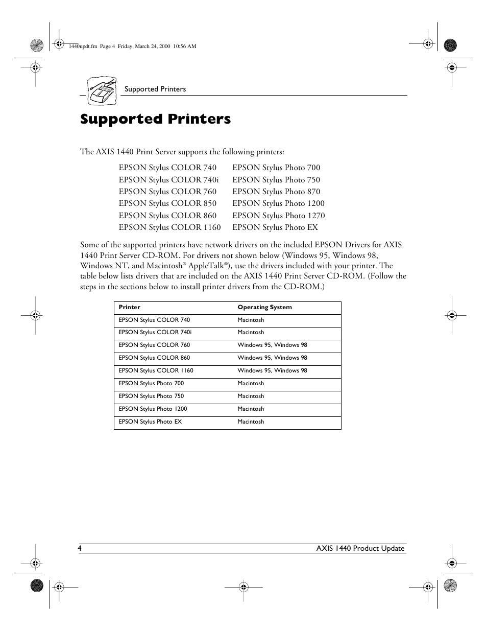 Supported printers | Epson 1440 User Manual | Page 4 / 100