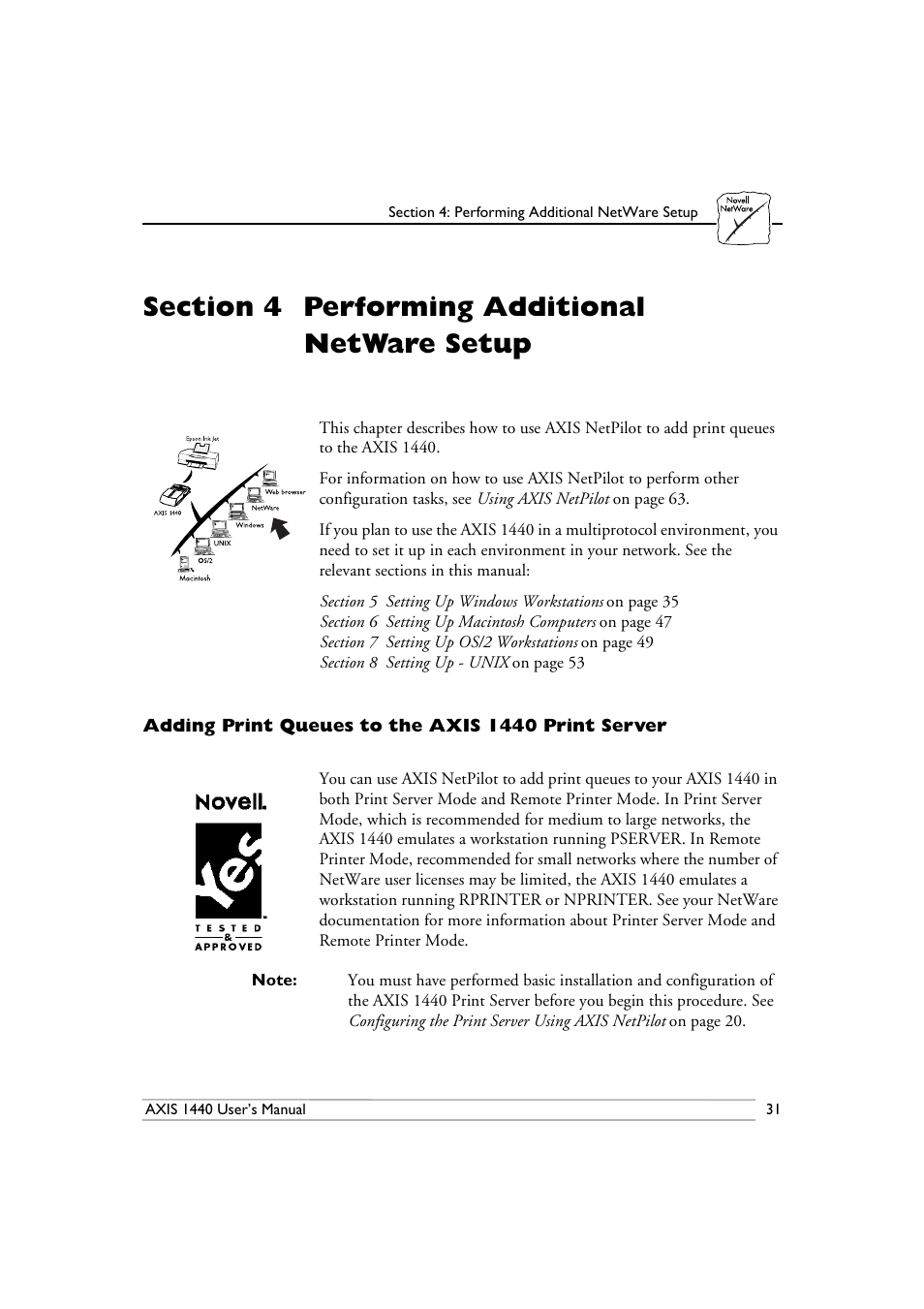 Section 4-performing additional netware setup, Adding print queues to the axis 1440 print server, Section 4 | Performing additional netware setup | Epson 1440 User Manual | Page 41 / 100