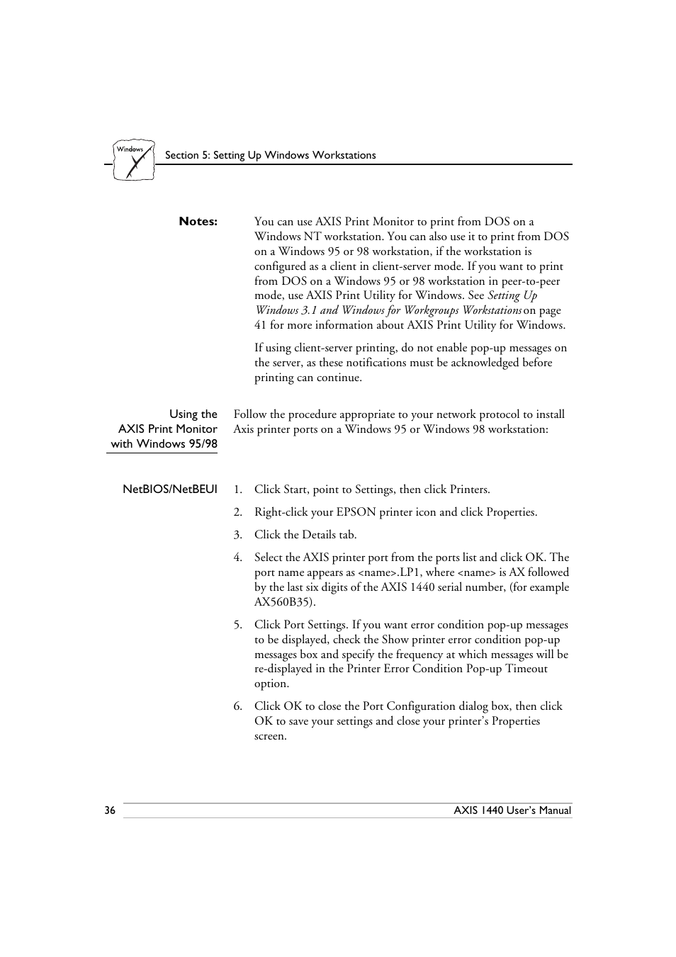 Using the axis print monitor with windows 95/98 | Epson 1440 User Manual | Page 46 / 100