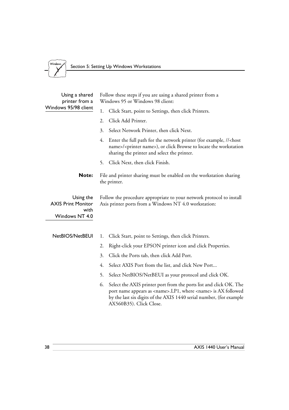 Using a shared printer from a windows 95/98 client, Using the axis print monitor with windows nt 4.0 | Epson 1440 User Manual | Page 48 / 100