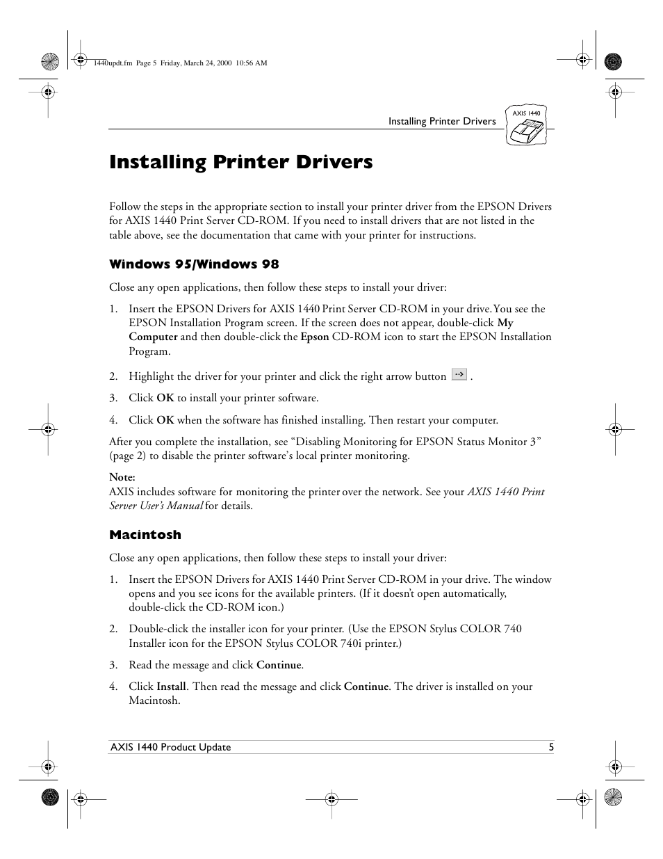 Installing printer drivers, Windows 95/windows 98, Macintosh | Epson 1440 User Manual | Page 5 / 100