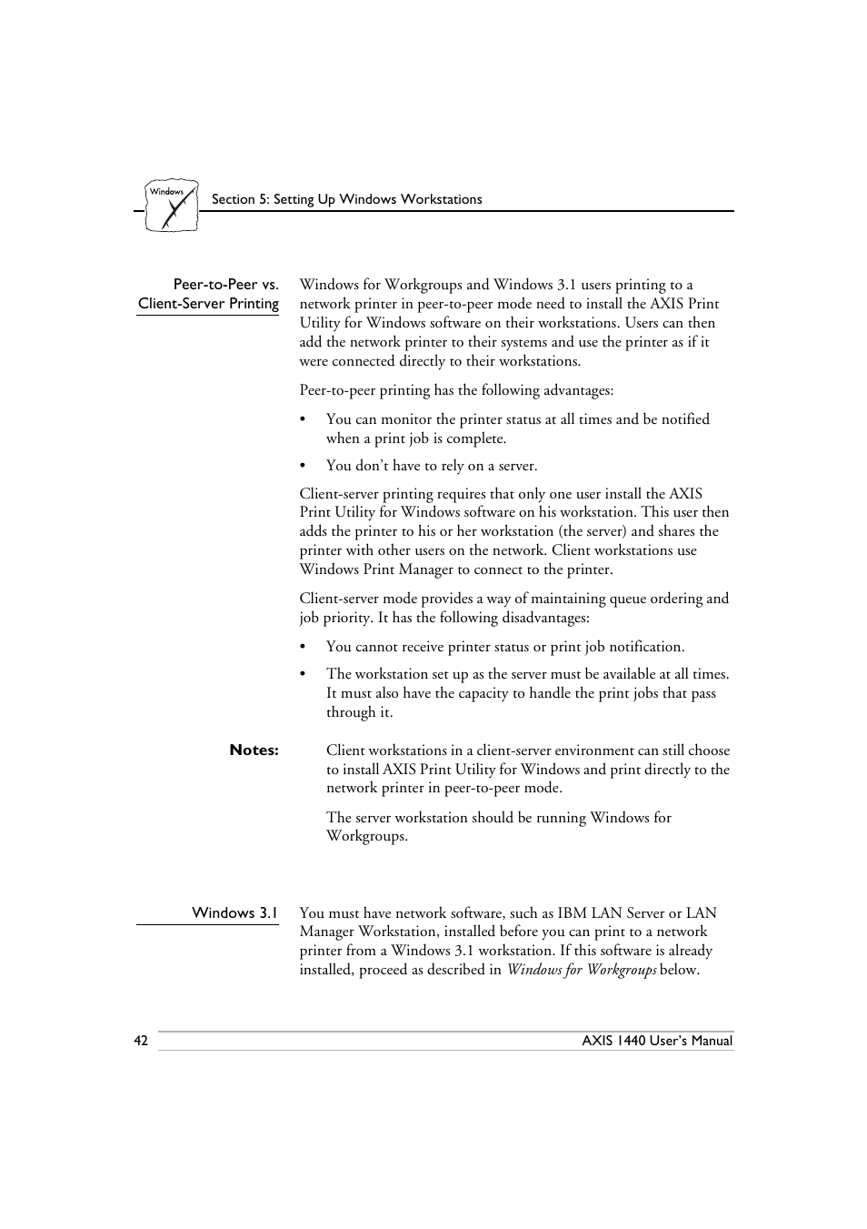 Peer-to-peer vs, Client-server printing, Windows 3.1 | Epson 1440 User Manual | Page 52 / 100