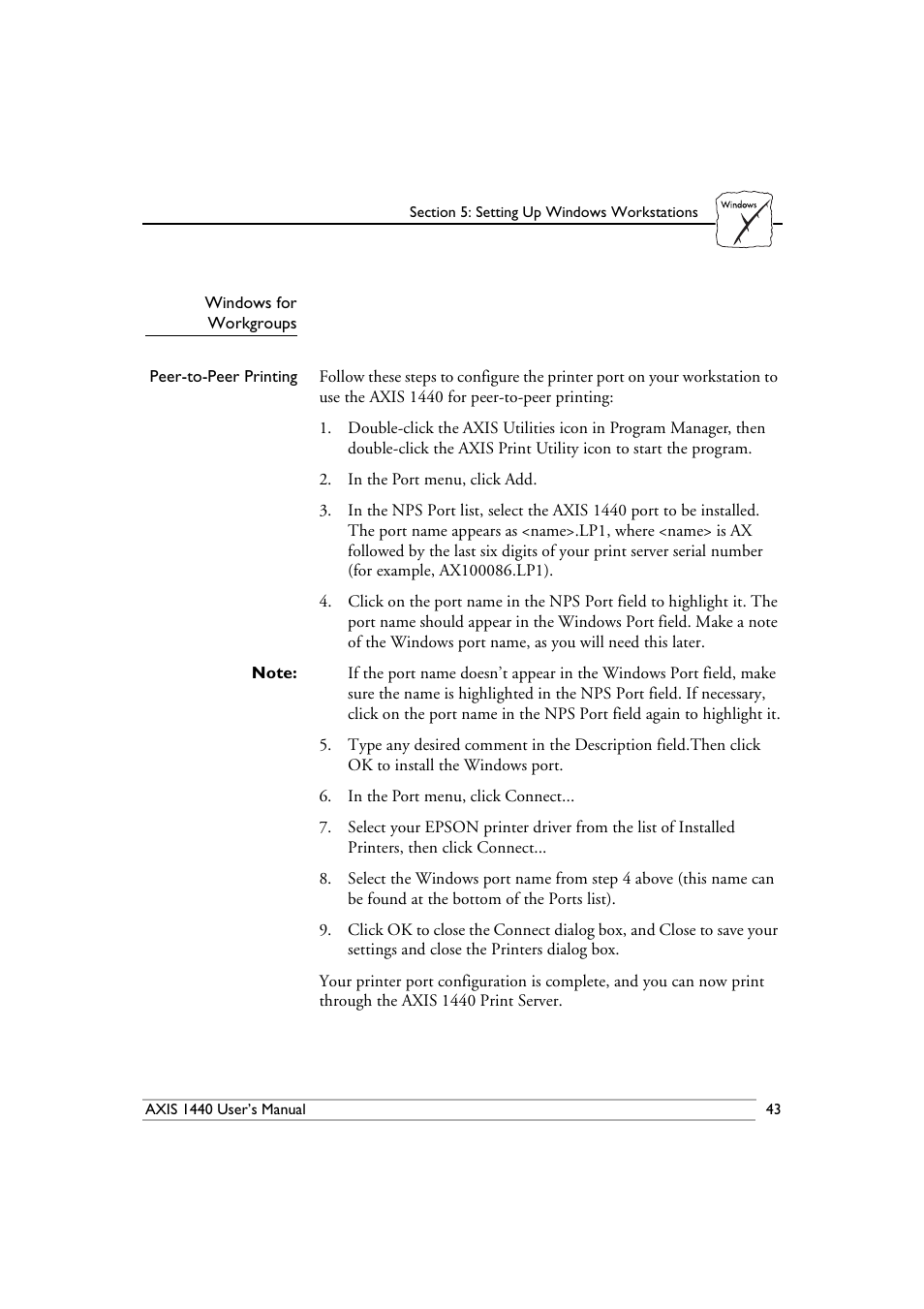 Windows for, Workgroups, Peer-to-peer printing | Epson 1440 User Manual | Page 53 / 100