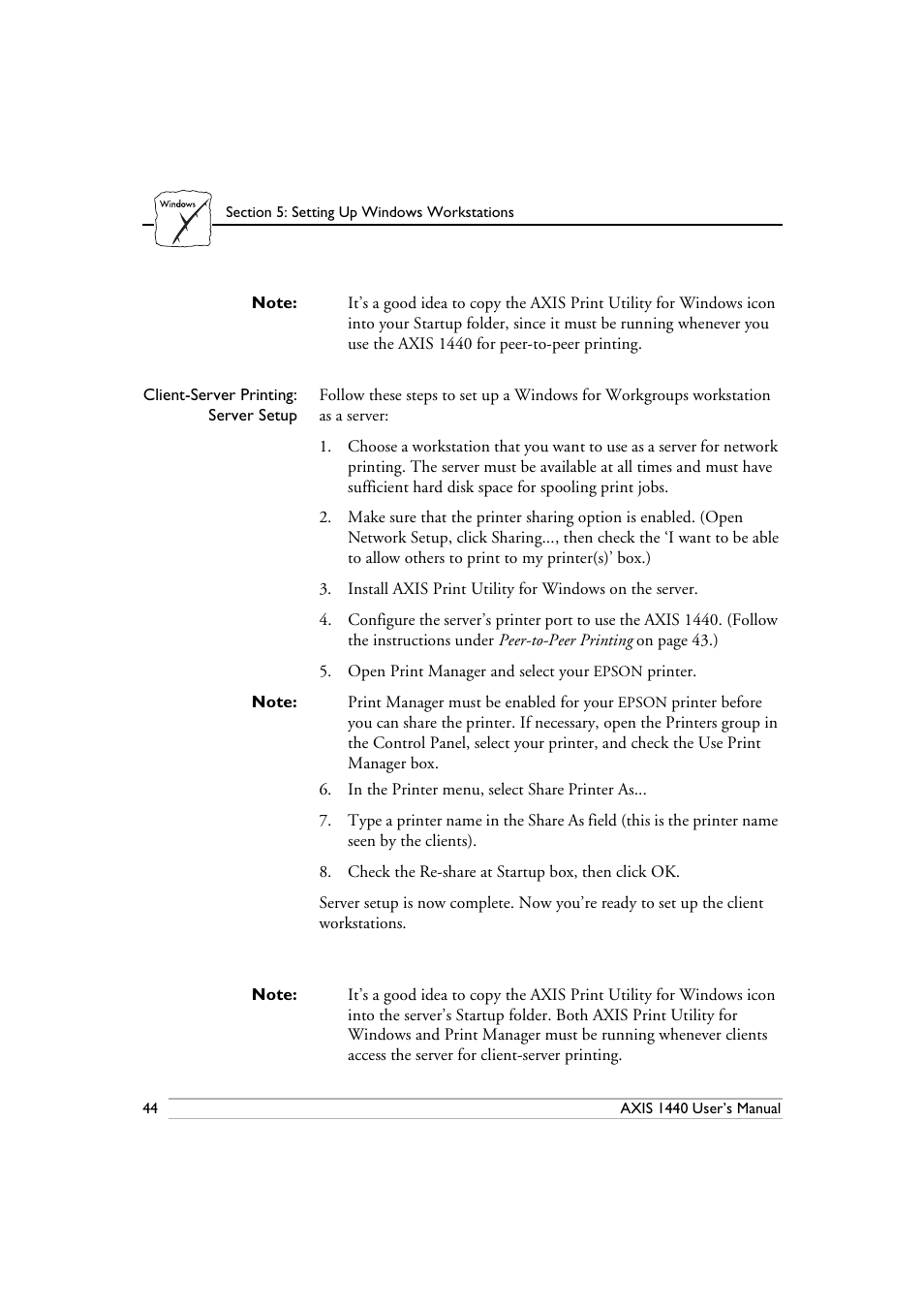 Client-server printing, Server setup | Epson 1440 User Manual | Page 54 / 100