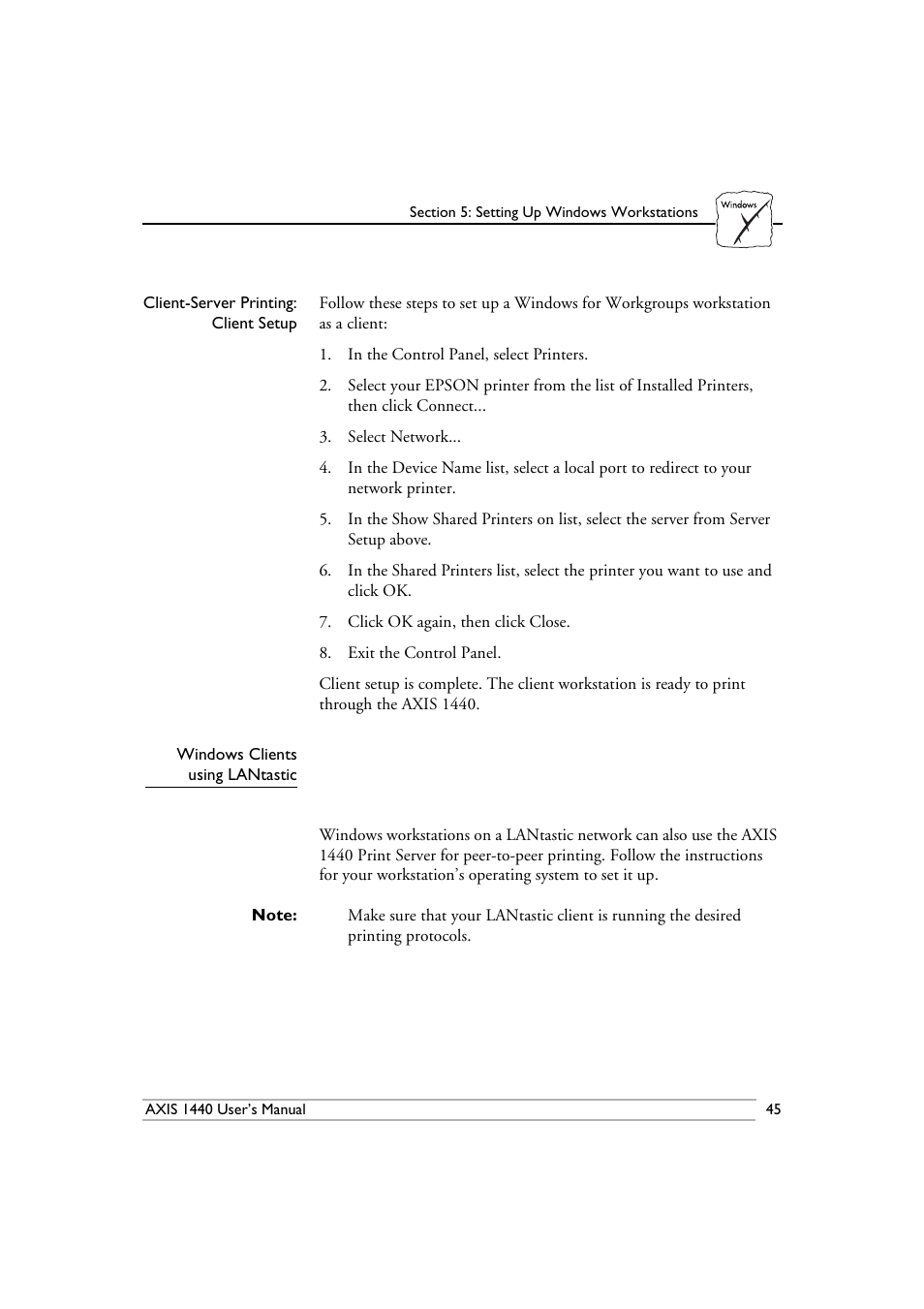 Client-server printing, Client setup, Windows clients | Using lantastic | Epson 1440 User Manual | Page 55 / 100