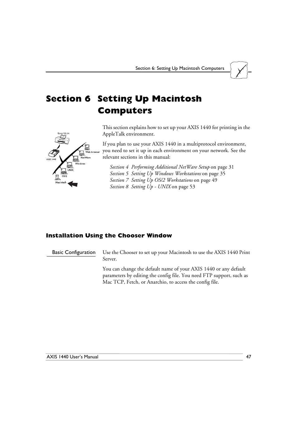 Section 6-setting up macintosh computers, Installation using the chooser window, Basic configuration | Section 6, Setting up macintosh computers | Epson 1440 User Manual | Page 57 / 100