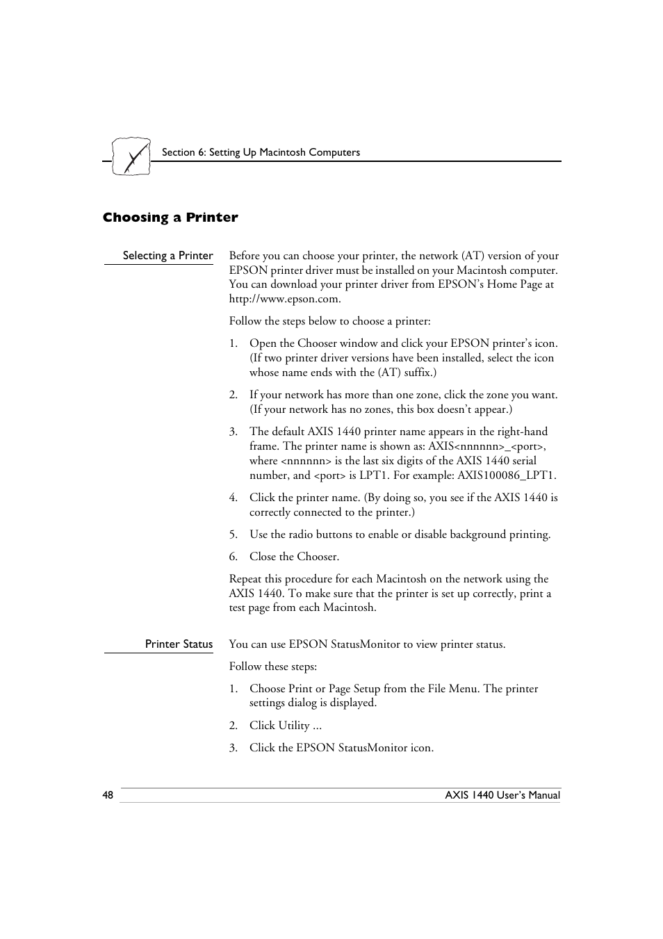 Choosing a printer, Selecting a printer, Printer status | Epson 1440 User Manual | Page 58 / 100