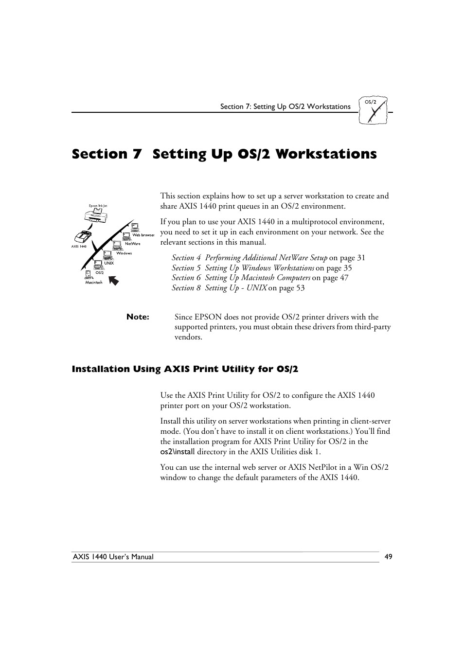 Section 7-setting up os/2 workstations, Installation using axis print utility for os/2, Section 7 | Setting up os/2 workstations | Epson 1440 User Manual | Page 59 / 100