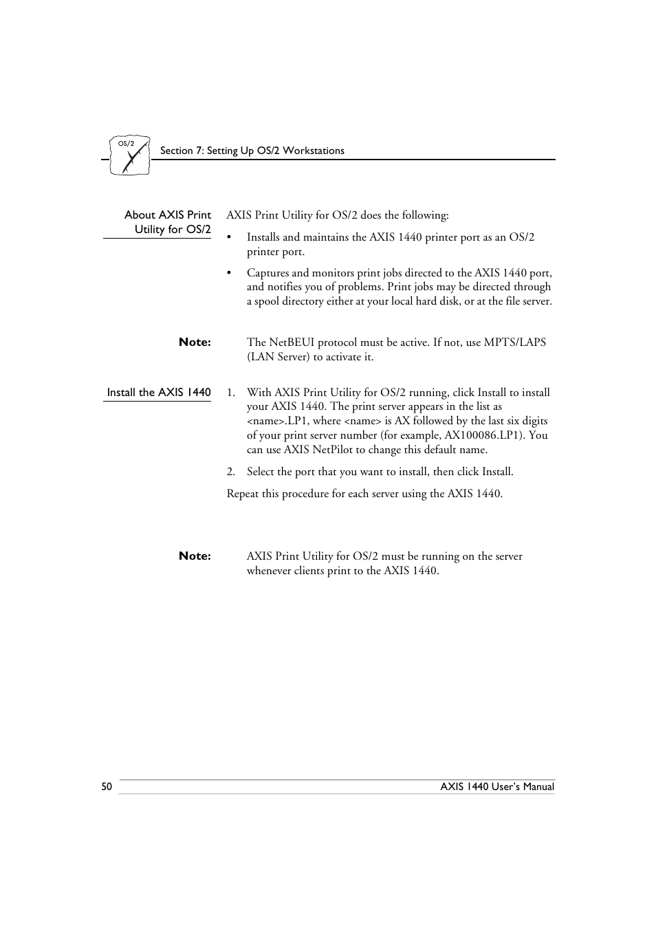 About axis print utility for os/2, Install the axis 1440 | Epson 1440 User Manual | Page 60 / 100