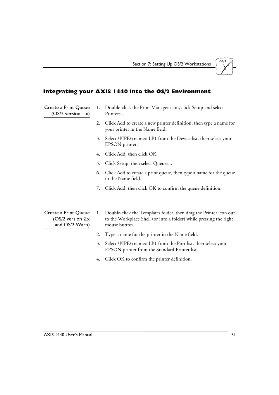 Create a print queue (os/2 version 1.x) | Epson 1440 User Manual | Page 61 / 100