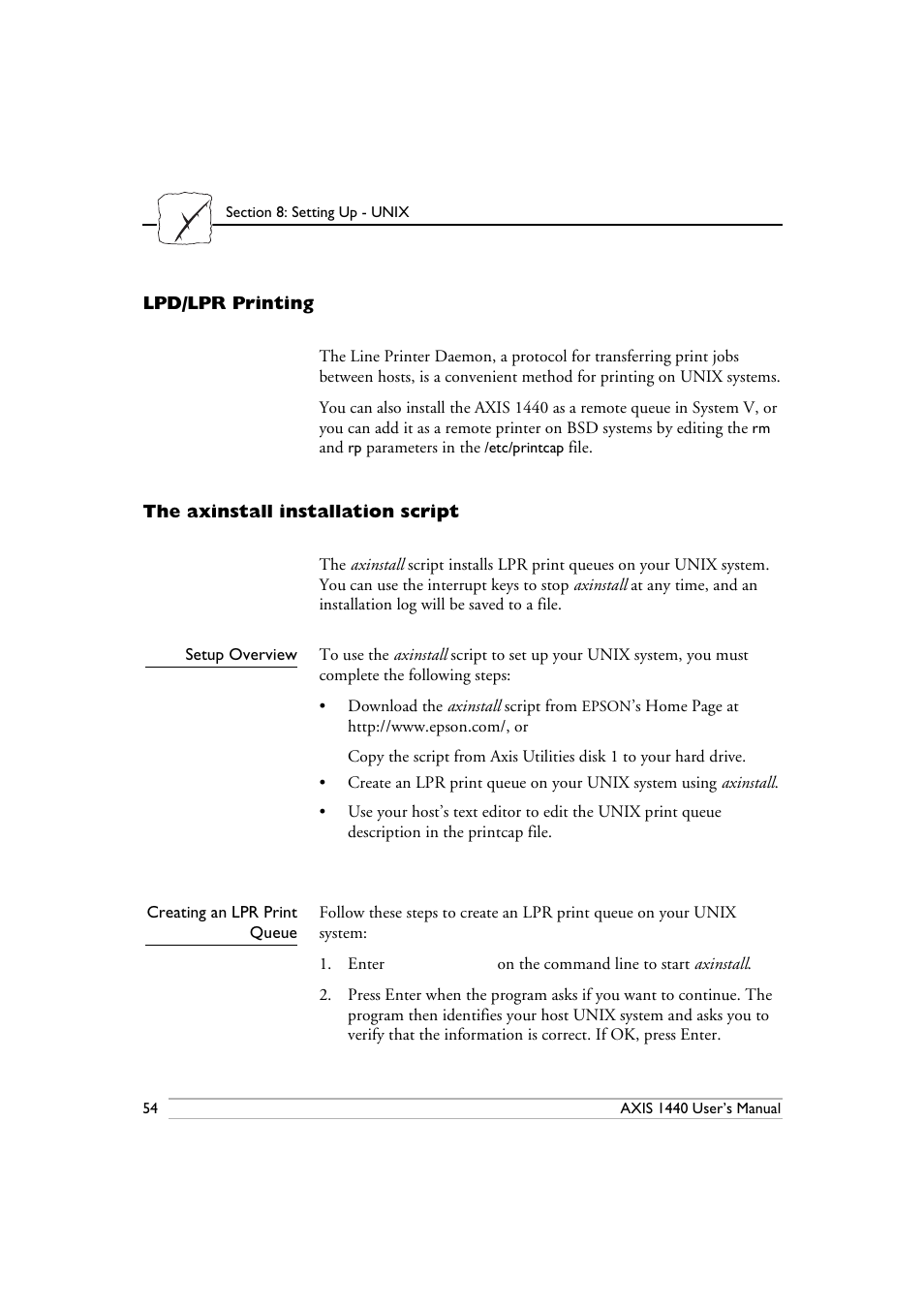 Lpd/lpr printing, The axinstall installation script, Setup overview | Creating an lpr print queue | Epson 1440 User Manual | Page 64 / 100