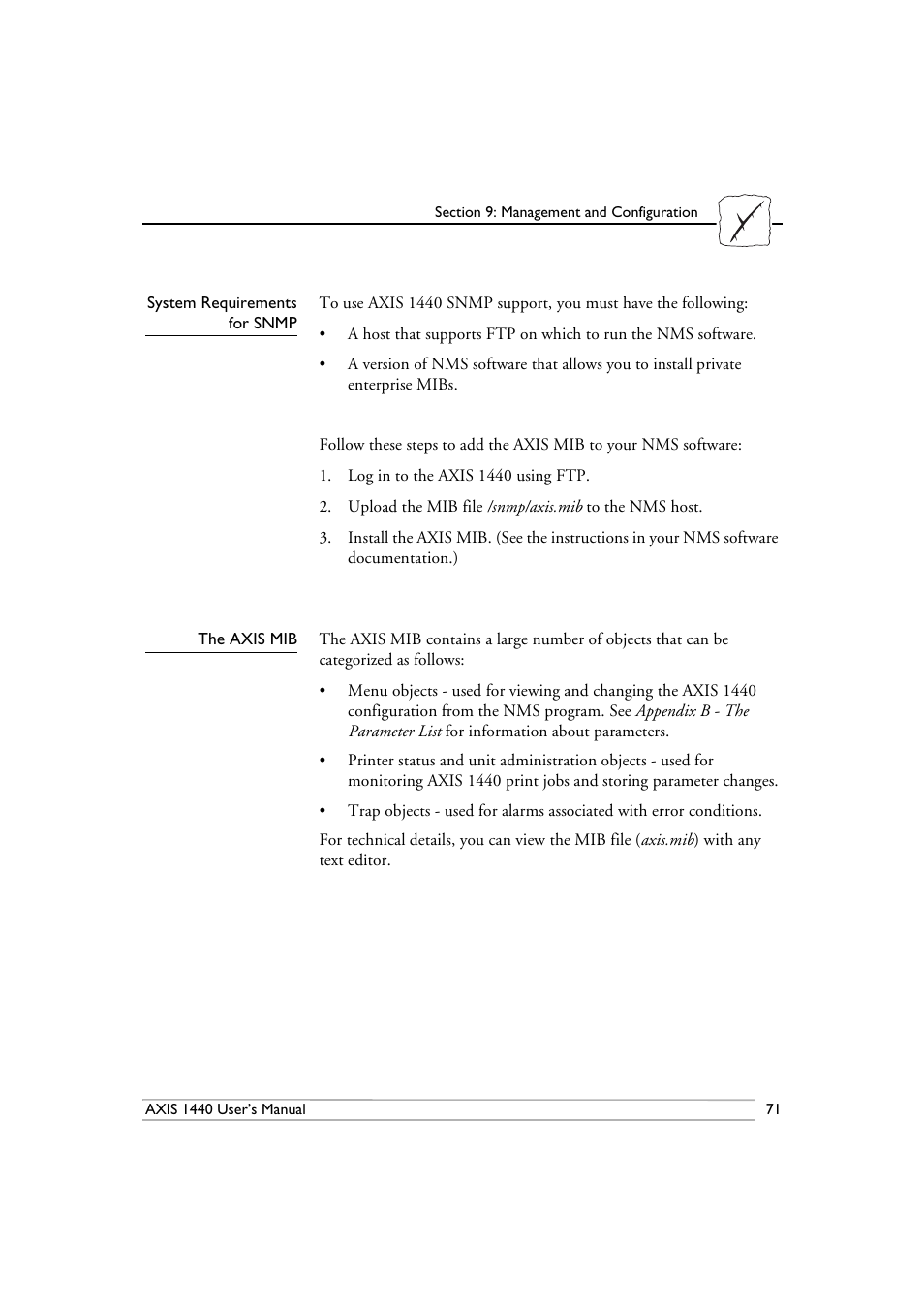 System requirements for snmp, The axis mib | Epson 1440 User Manual | Page 81 / 100