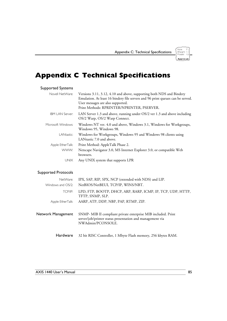 Appendix c-technical specifications, Supported systems, Supported protocols | Hardware, Appendix c, Technical specifications, Appendix c technical specifications | Epson 1440 User Manual | Page 95 / 100