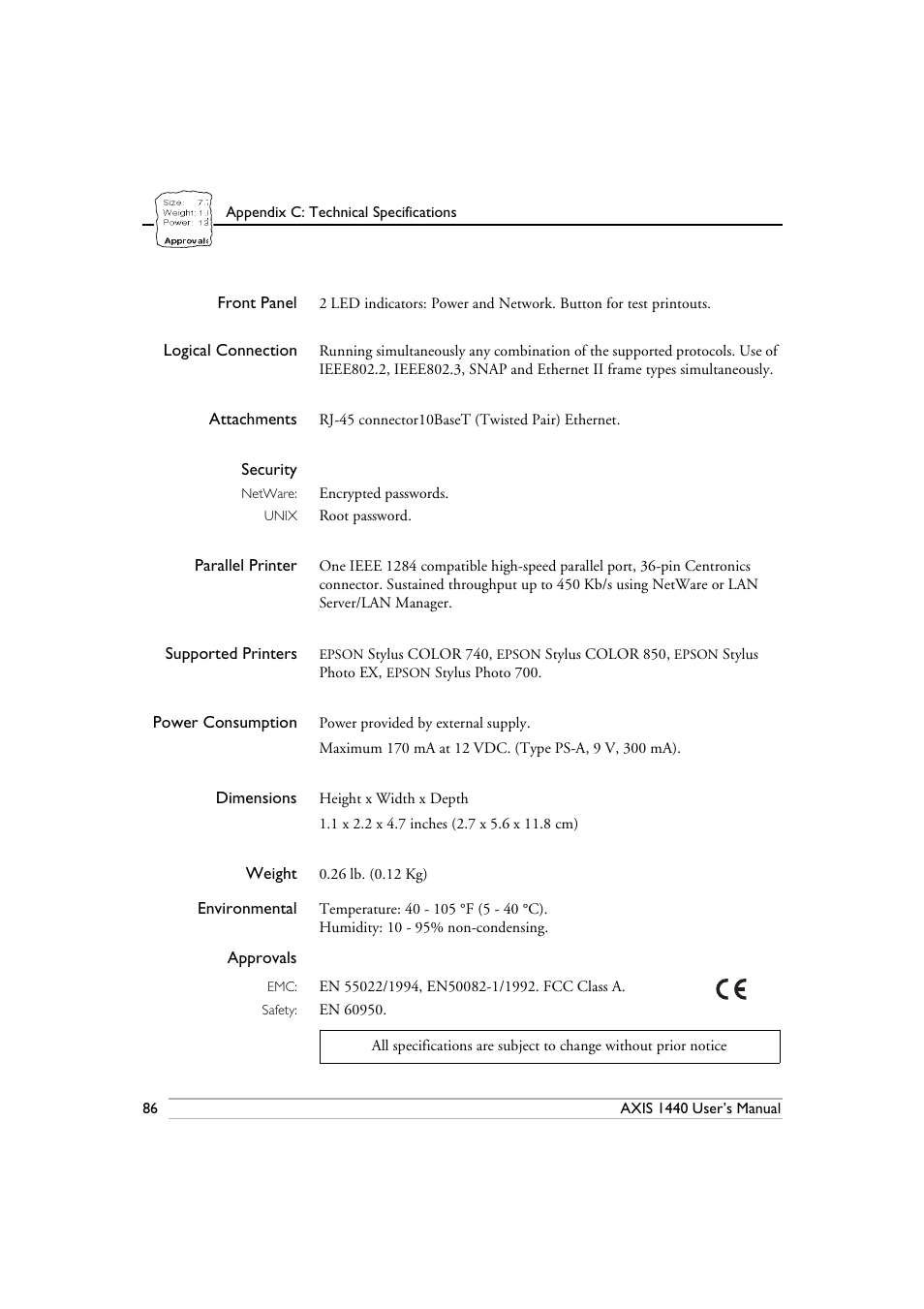 Front panel, Logical connection, Attachments | Security, Parallel printer, Supported printers, Power consumption, Dimensions, Weight, Environmental | Epson 1440 User Manual | Page 96 / 100