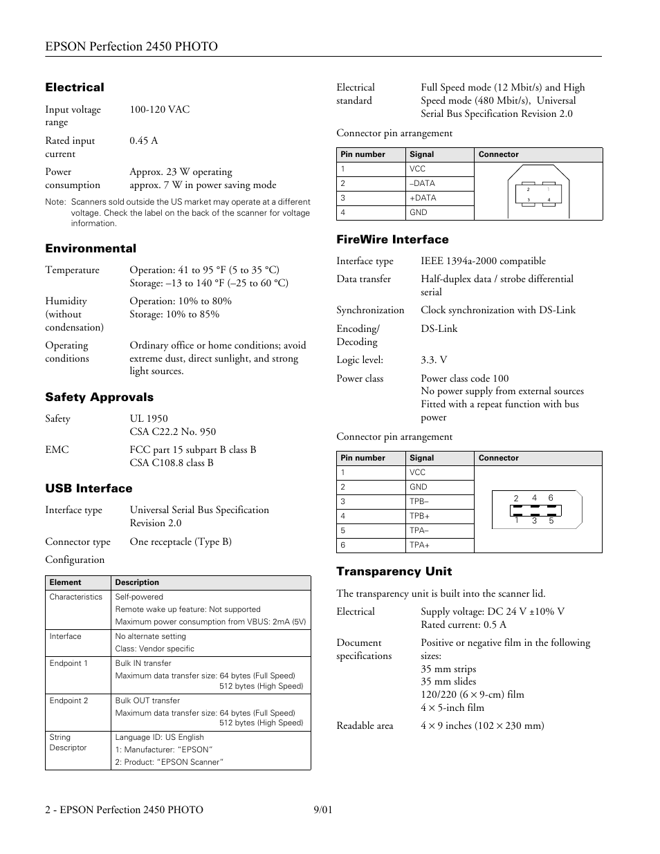 Electrical, Environmental, Safety approvals | Usb interface, Firewire interface, Transparency unit, Epson perfection 2450 photo | Epson Perfection PHOTO 2450 User Manual | Page 2 / 5