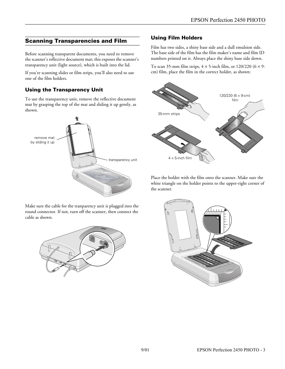 Scanning transparencies and film, Using the transparency unit, Using film holders | Epson perfection 2450 photo | Epson Perfection PHOTO 2450 User Manual | Page 3 / 5