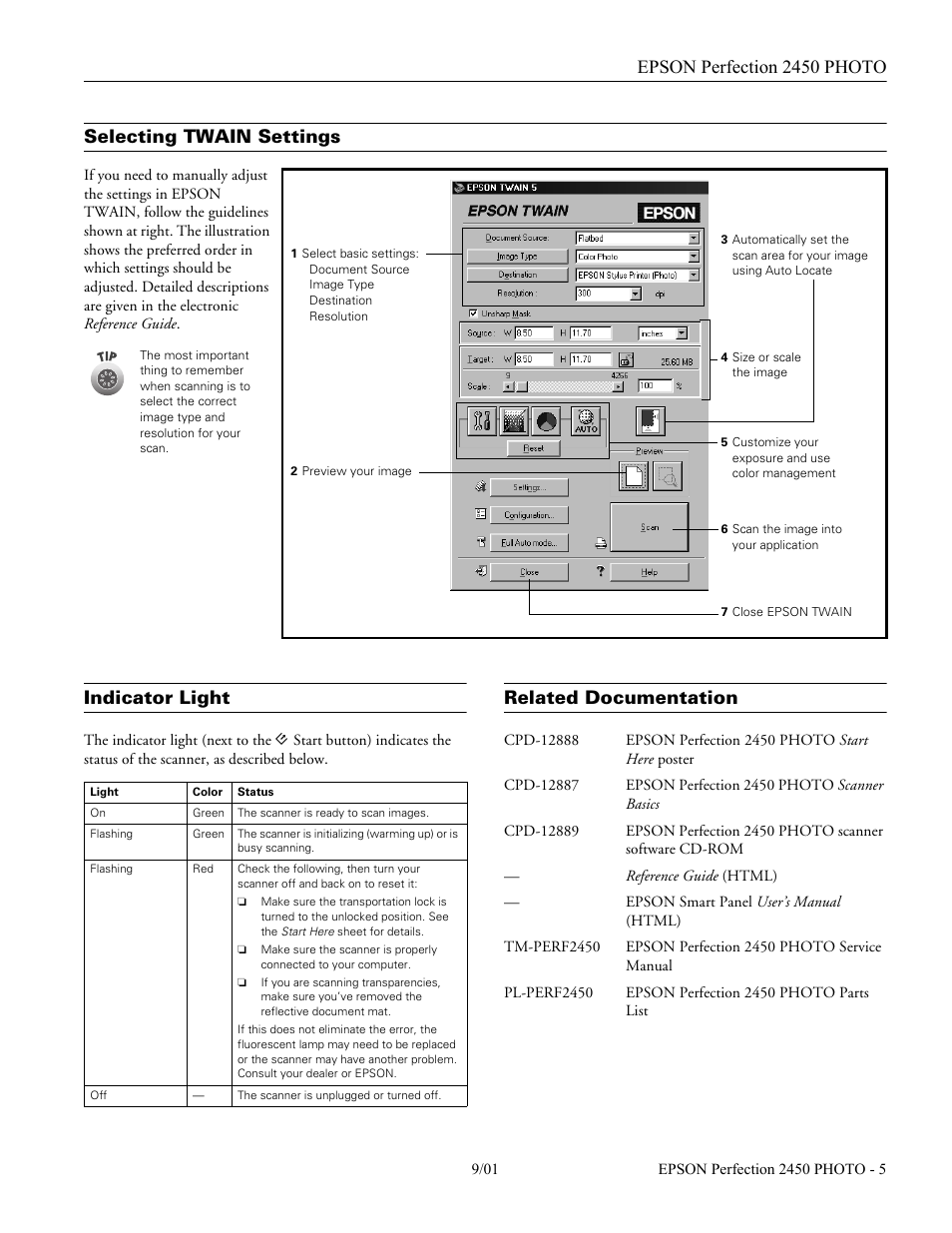 Selecting twain settings, Indicator light, Related documentation | Epson perfection 2450 photo | Epson Perfection PHOTO 2450 User Manual | Page 5 / 5