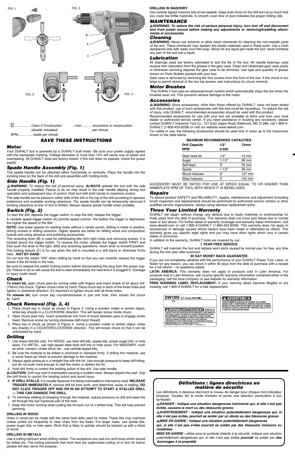 Save these instructions motor, Spade handle assembly (fig. 1), Side handle (fig. 1) | Switch (fig. 2), Chuck, Chuck removal (fig. 3, 4), Drilling, Maintenance, Cleaning, Lubrication | Epson DW130V User Manual | Page 2 / 6