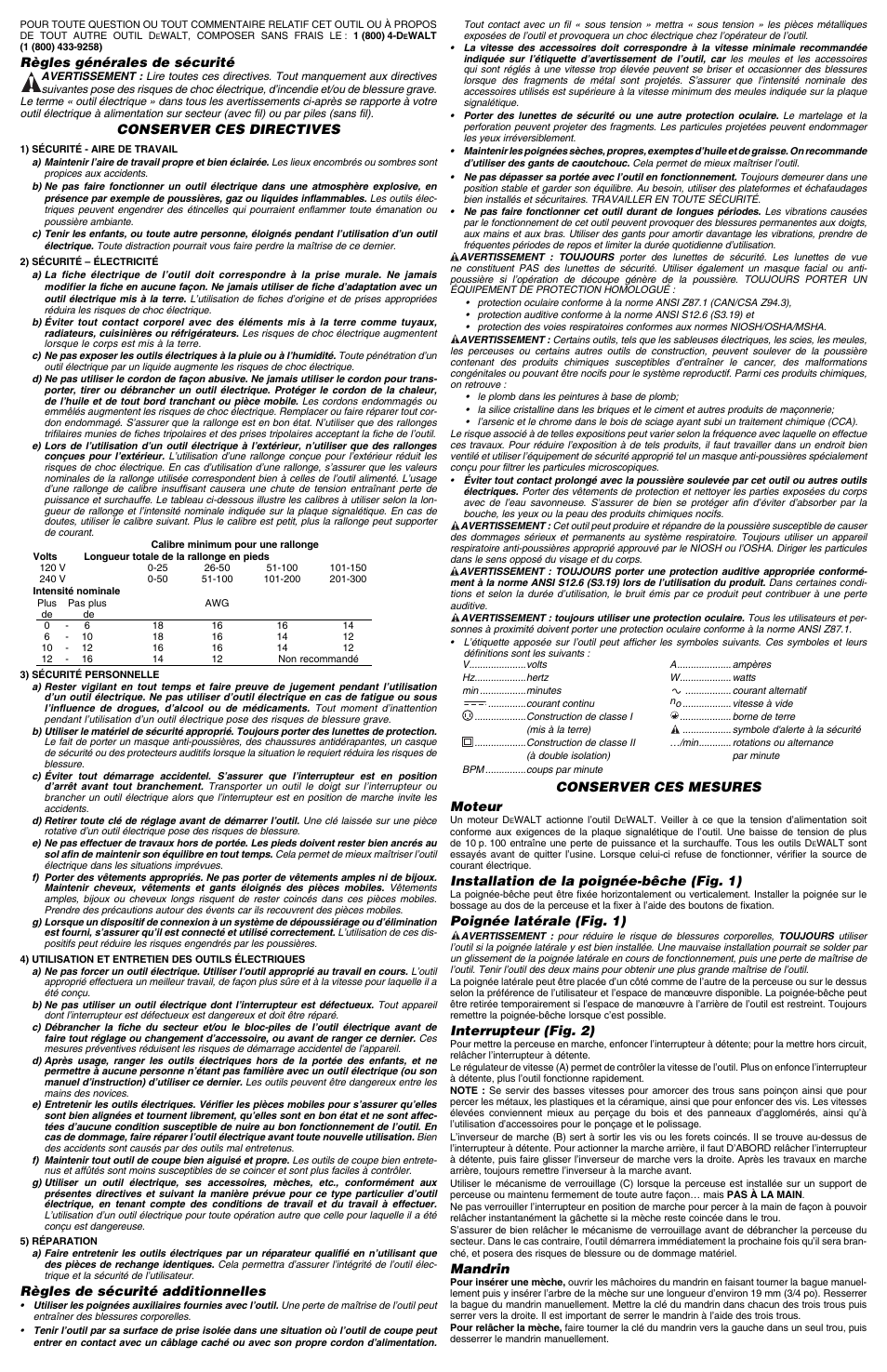 Règles générales de sécurité, Conserver ces directives, Règles de sécurité additionnelles | Conserver ces mesures moteur, Installation de la poignée-bêche (fig. 1), Poignée latérale (fig. 1), Interrupteur (fig. 2), Mandrin | Epson DW130V User Manual | Page 3 / 6