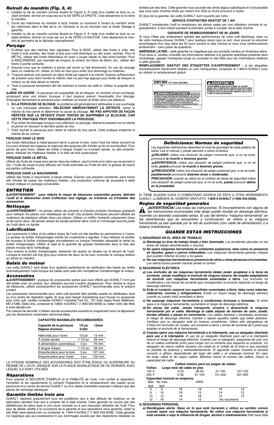 Definiciones: normas de seguridad, Reglas de seguridad generales, Guarde estas instrucciones | Retrait du mandrin (fig. 3, 4), Perçage, Entretien, Nettoyage, Lubrification, Balais du moteur, Accessoires | Epson DW130V User Manual | Page 4 / 6