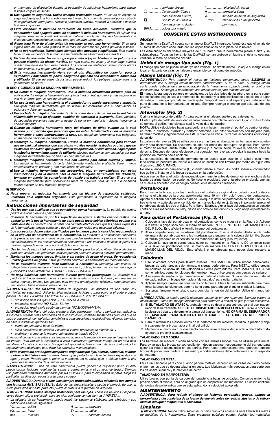 Instrucciones importantes de seguridad, Conserve estas instrucciones motor, Unidad de mango tipo pala (fig. 1) | Mango lateral (fig. 1), Interruptor (fig. 2), Portabrocas, Para quitar el portabrocas (fig. 3, 4), Taladrado, Mantenimiento, Limpieza | Epson DW130V User Manual | Page 5 / 6