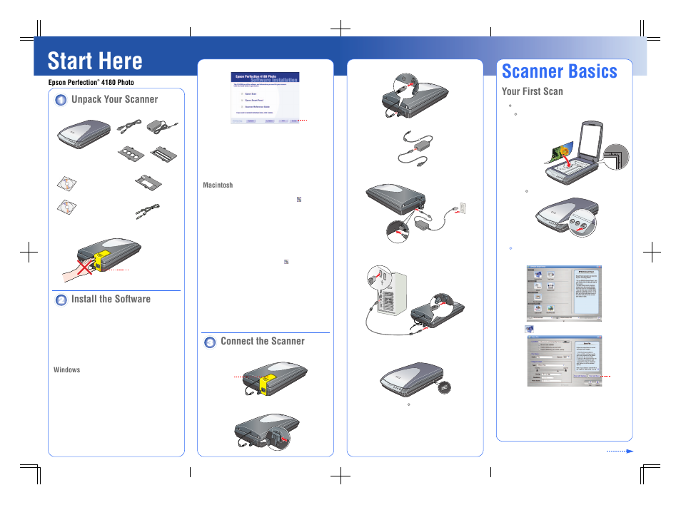 Macintosh, Connect the scanner, Start here | Scanner basics, Unpack your scanner, Install the software, Your first scan, Turn over | Epson 4180 User Manual | Page 2 / 8