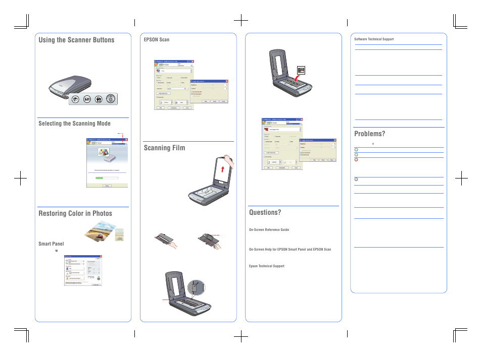 Using the scanner buttons, Selecting the scanning mode, Restoring color in photos | Smart panel, Scanning film, Questions, Problems, Epson scan | Epson 4180 User Manual | Page 5 / 8