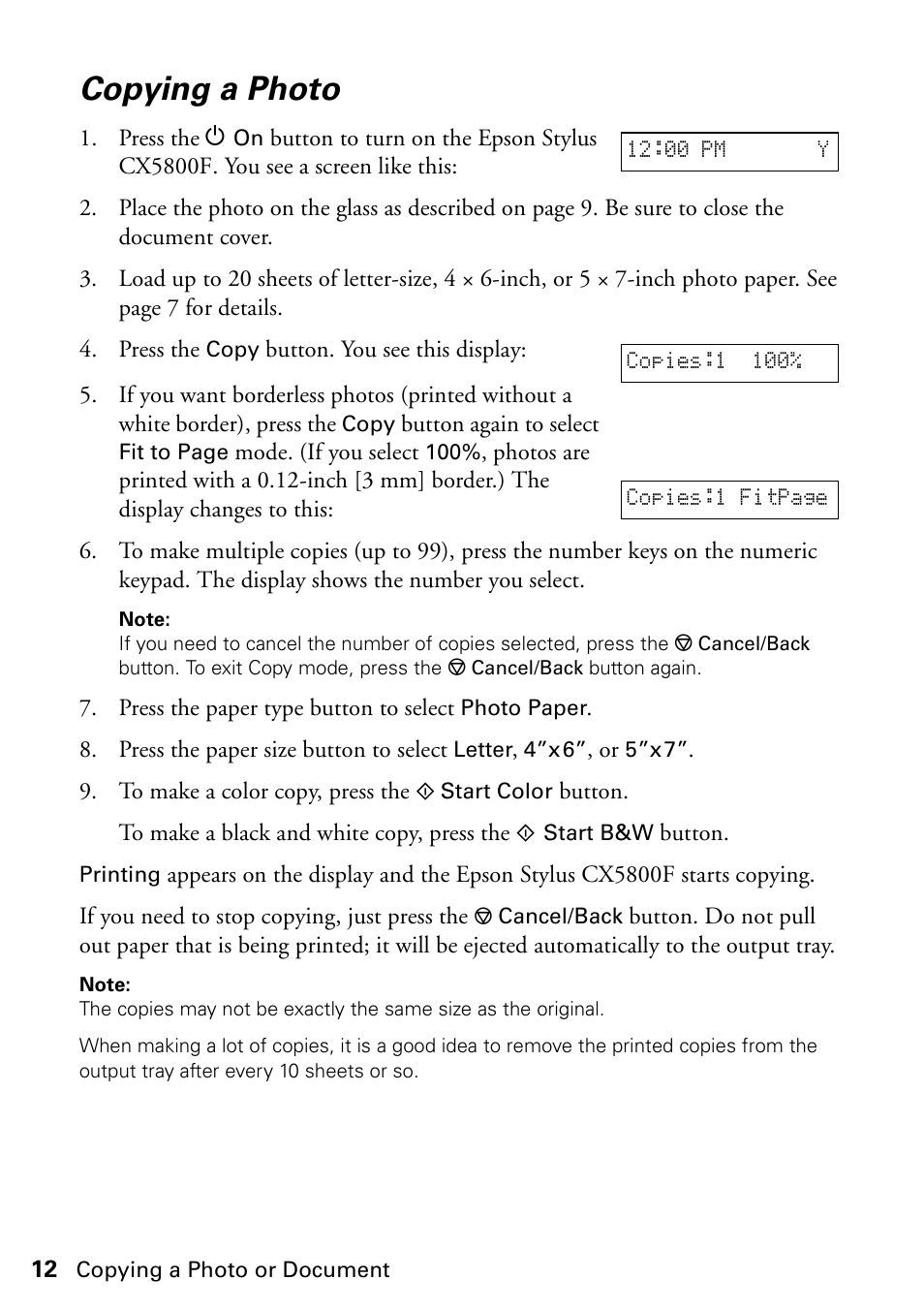 Copying a photo | Epson Stylus CX5800F User Manual | Page 12 / 72