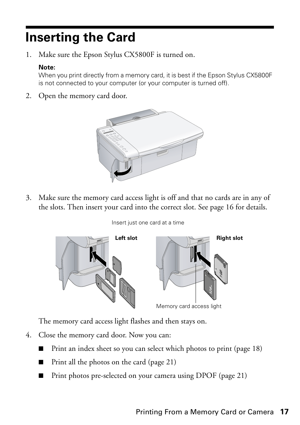 Inserting the card | Epson Stylus CX5800F User Manual | Page 17 / 72