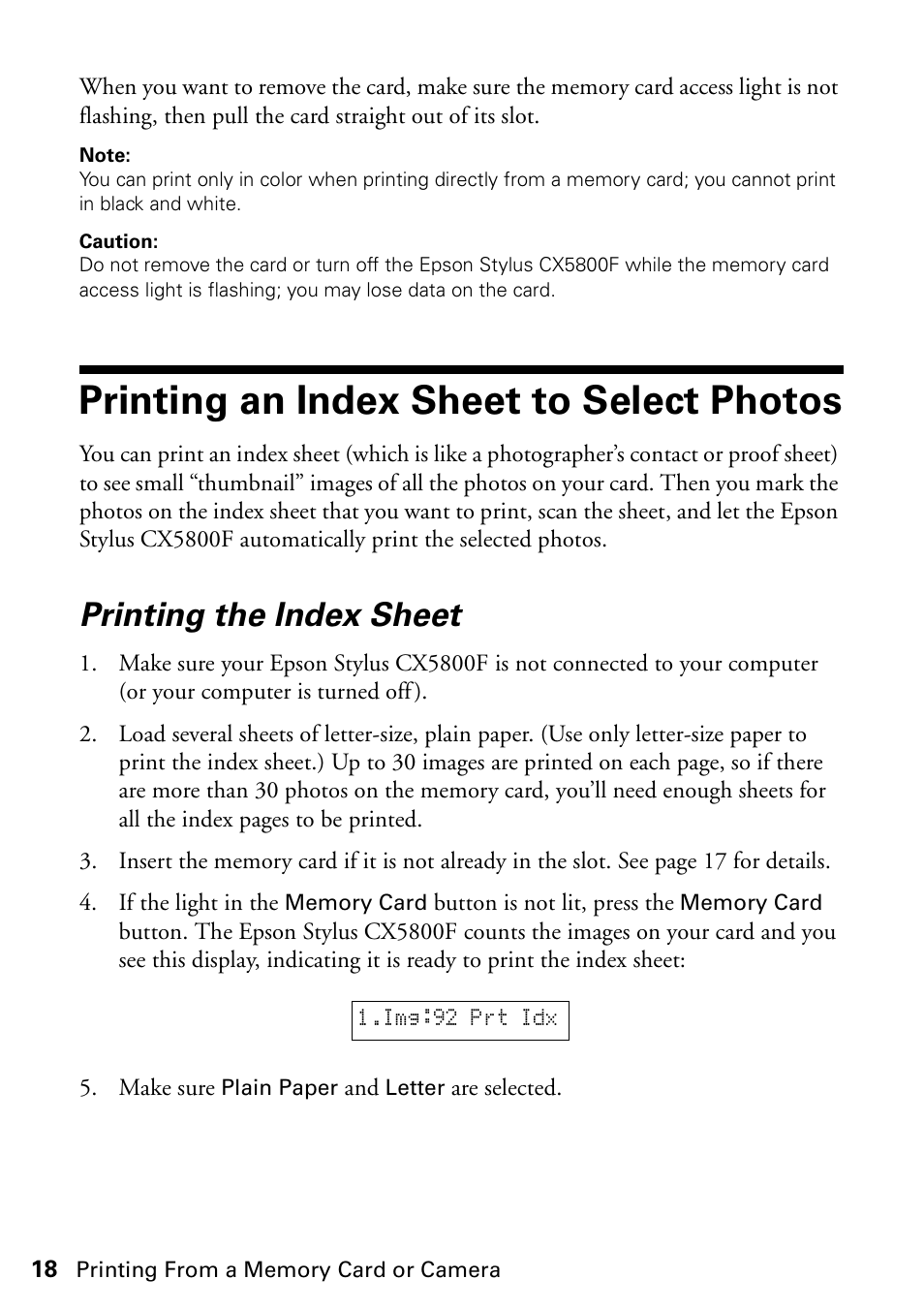 Printing an index sheet to select photos, Printing the index sheet | Epson Stylus CX5800F User Manual | Page 18 / 72