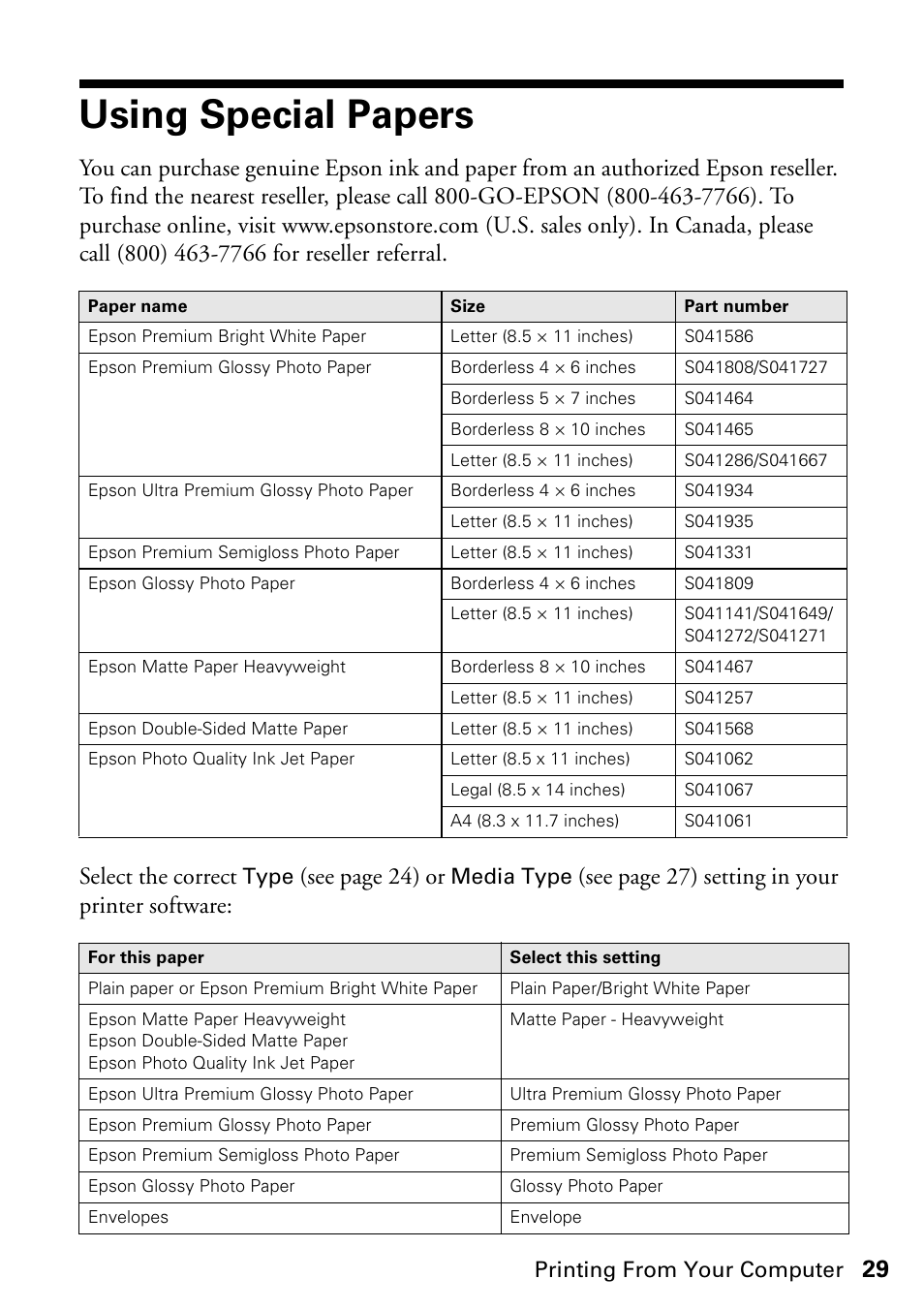 Using special papers, See page 24) or, See page 27) setting in your printer software | Printing from your computer, Type, Media type | Epson Stylus CX5800F User Manual | Page 29 / 72