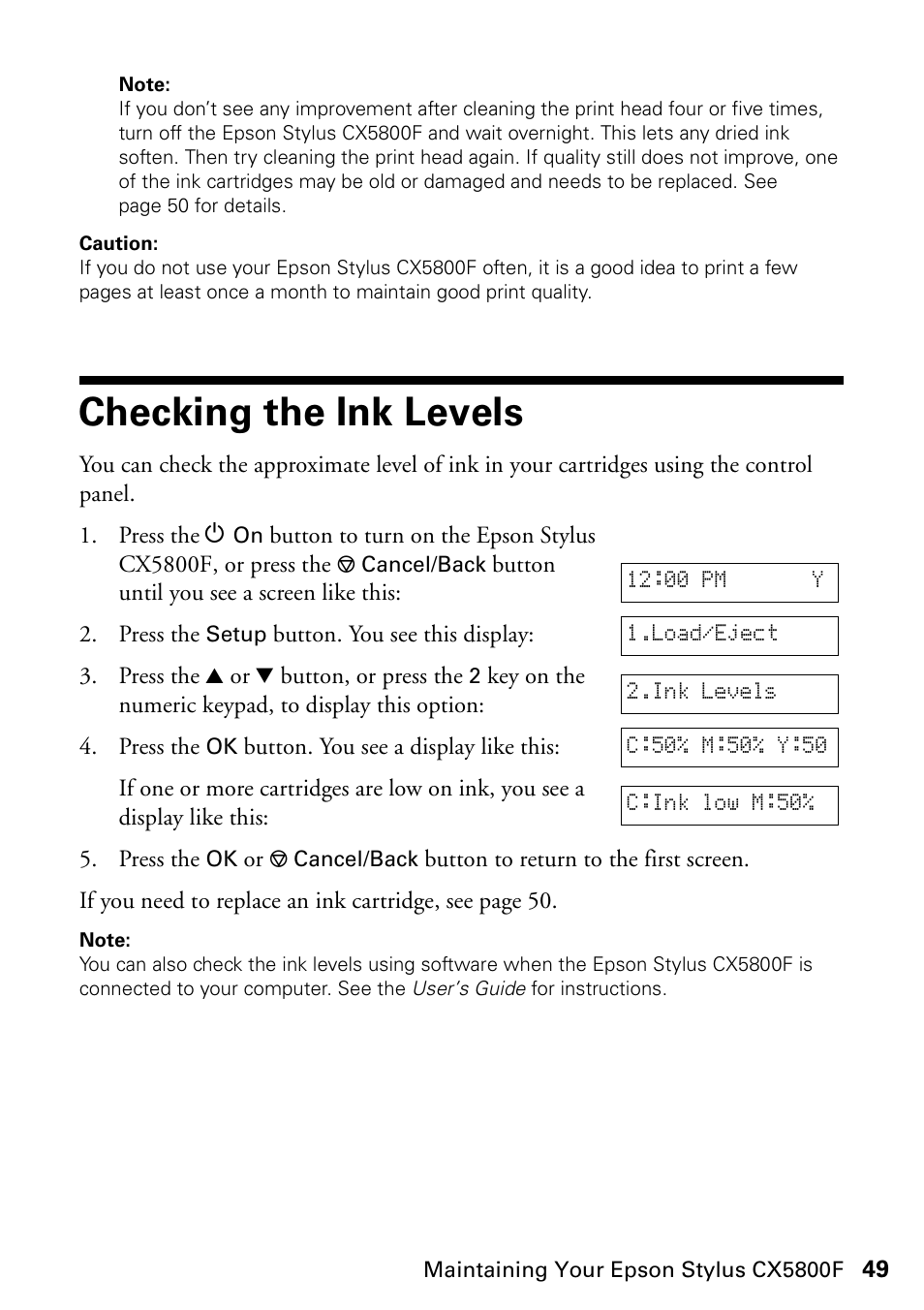Checking the ink levels | Epson Stylus CX5800F User Manual | Page 49 / 72