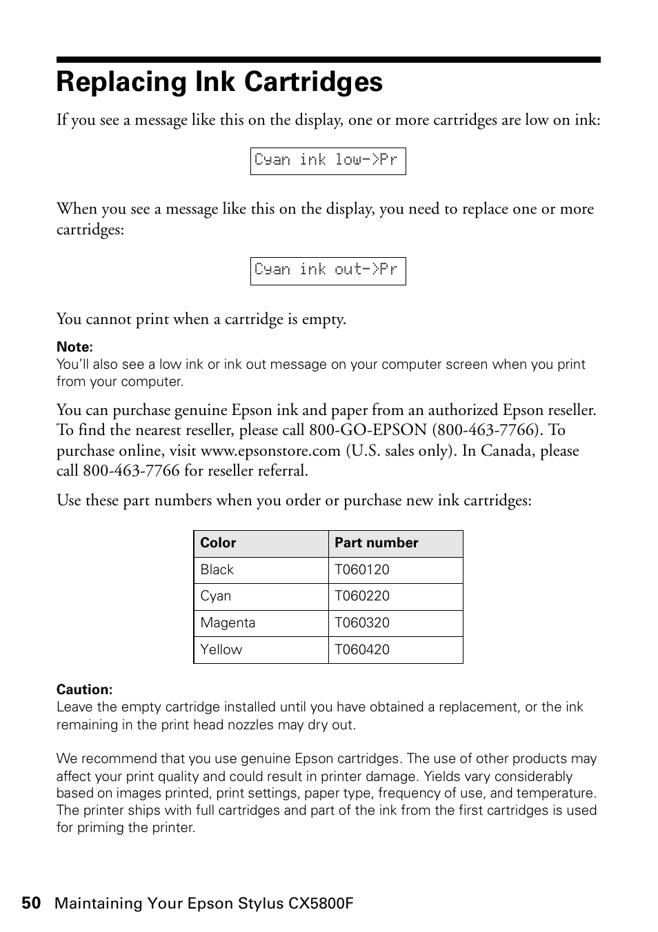 Replacing ink cartridges | Epson Stylus CX5800F User Manual | Page 50 / 72