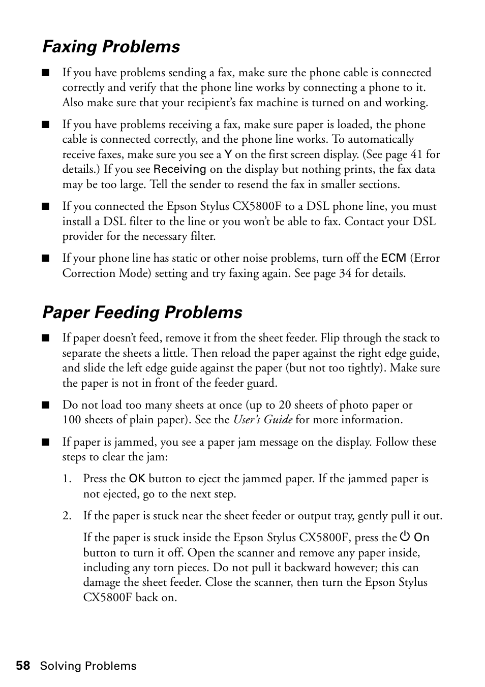 Faxing problems, Paper feeding problems | Epson Stylus CX5800F User Manual | Page 58 / 72