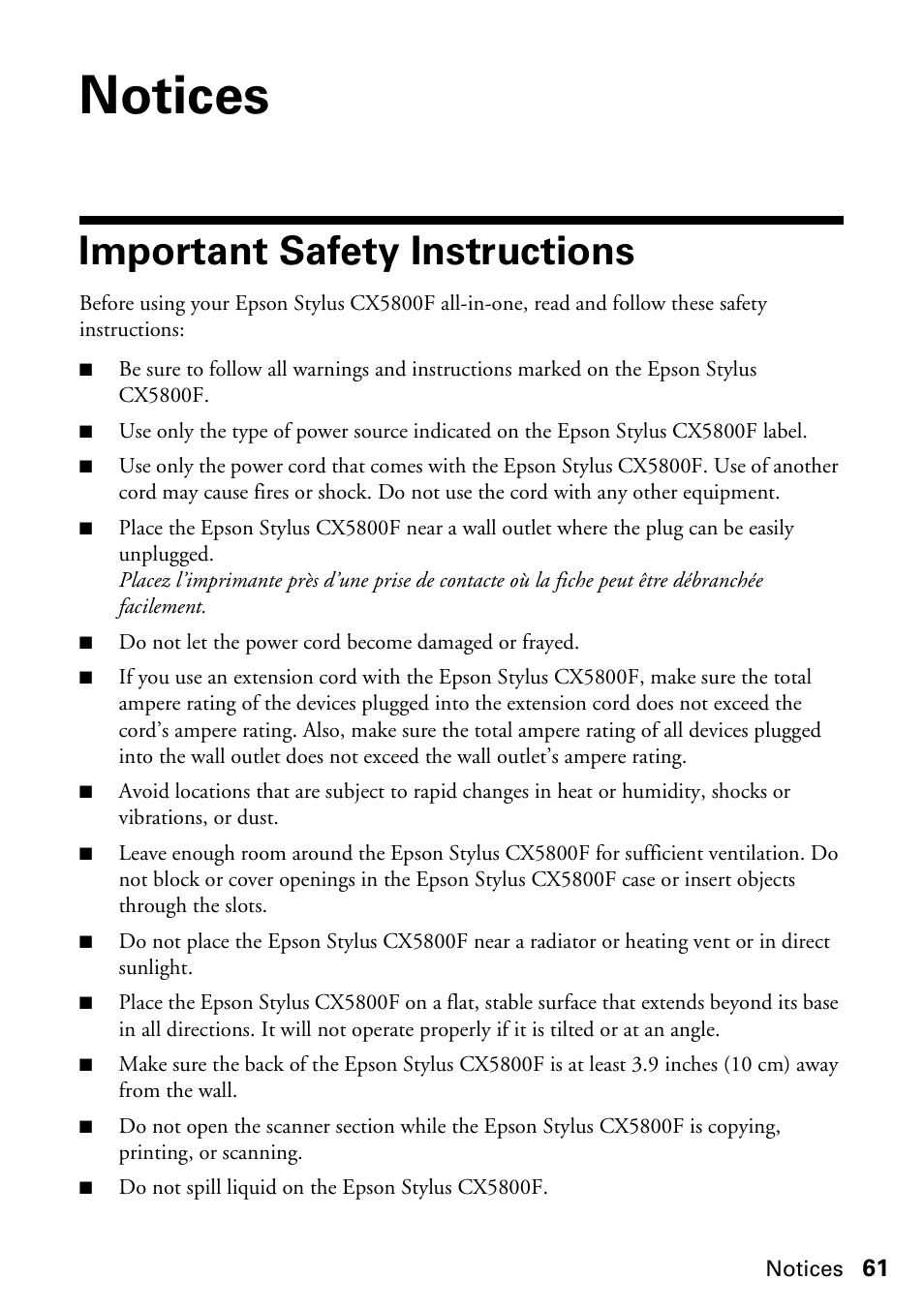 Notices, Important safety instructions | Epson Stylus CX5800F User Manual | Page 61 / 72