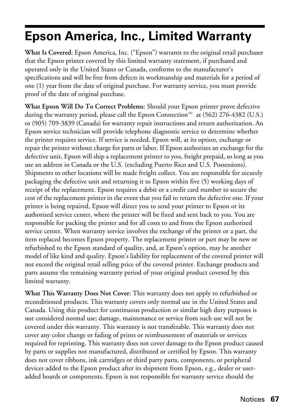 Epson america, inc., limited warranty | Epson Stylus CX5800F User Manual | Page 67 / 72