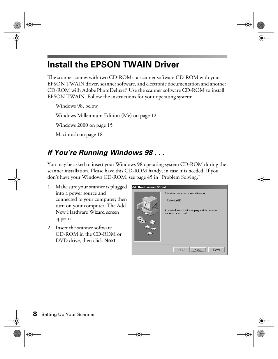 Install the epson twain driver, If you’re running windows 98 | Epson color Perfection 640U User Manual | Page 13 / 71