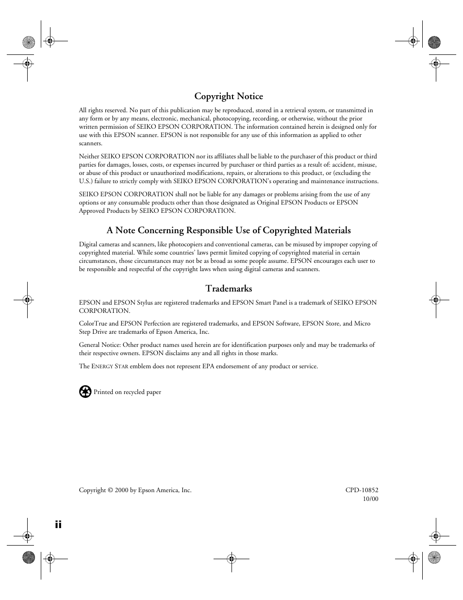 Copyright notice, Trademarks | Epson color Perfection 640U User Manual | Page 2 / 71