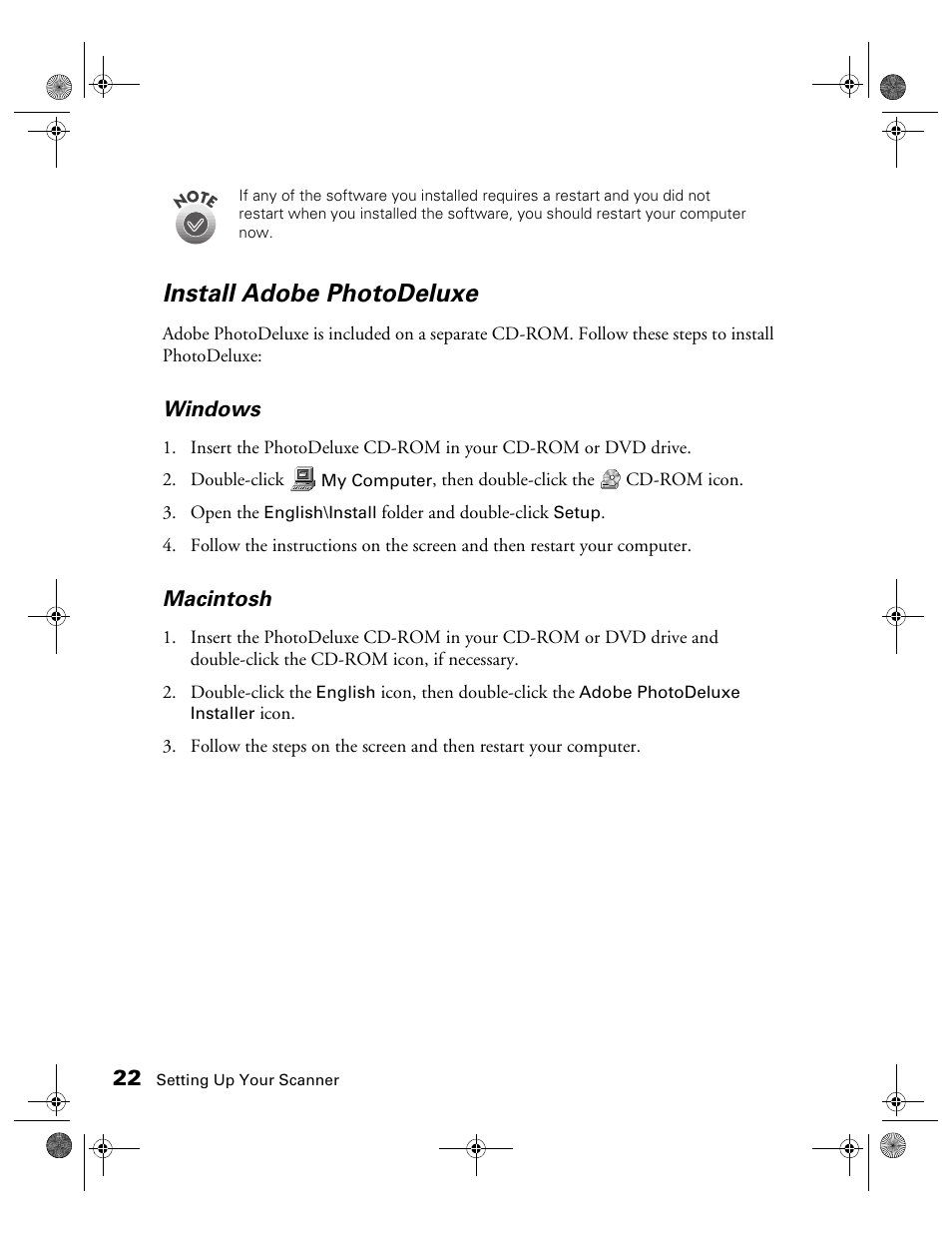 Install adobe photodeluxe, Windows, Macintosh | Epson color Perfection 640U User Manual | Page 27 / 71