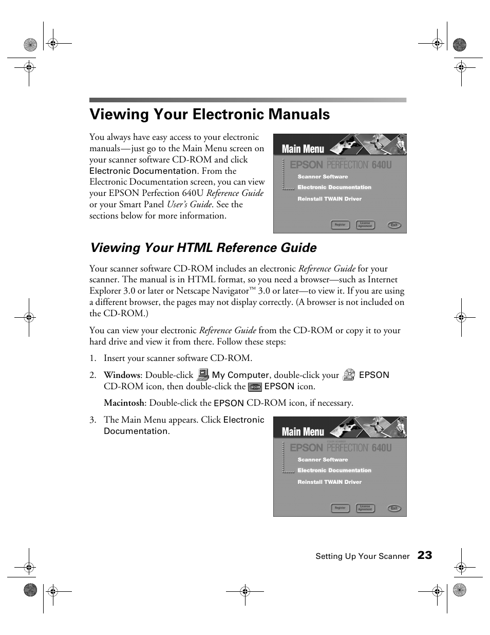 Viewing your electronic manuals, Viewing your html reference guide | Epson color Perfection 640U User Manual | Page 28 / 71
