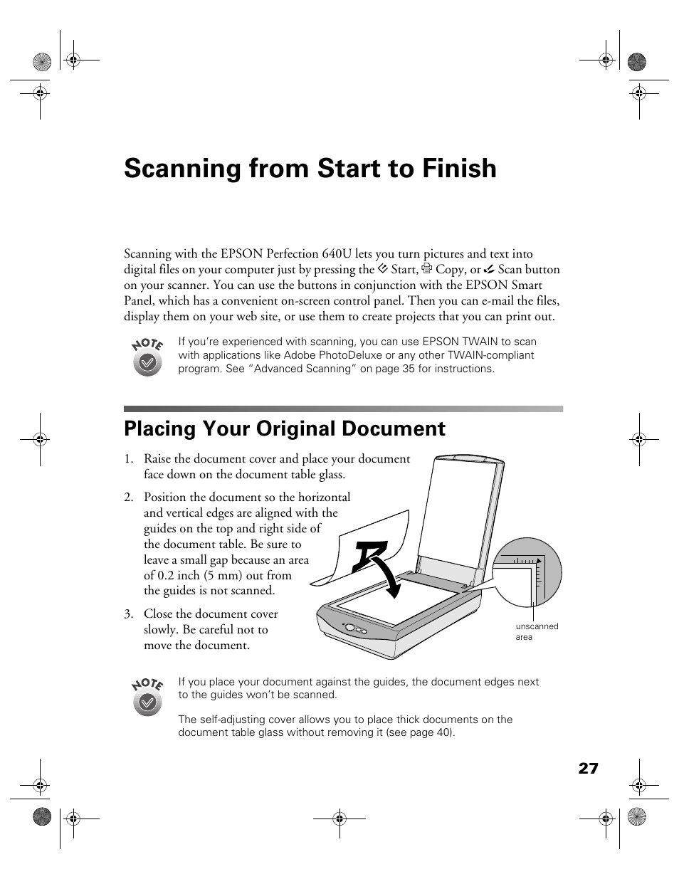 Scanning from start to finish, Placing your original document | Epson color Perfection 640U User Manual | Page 32 / 71