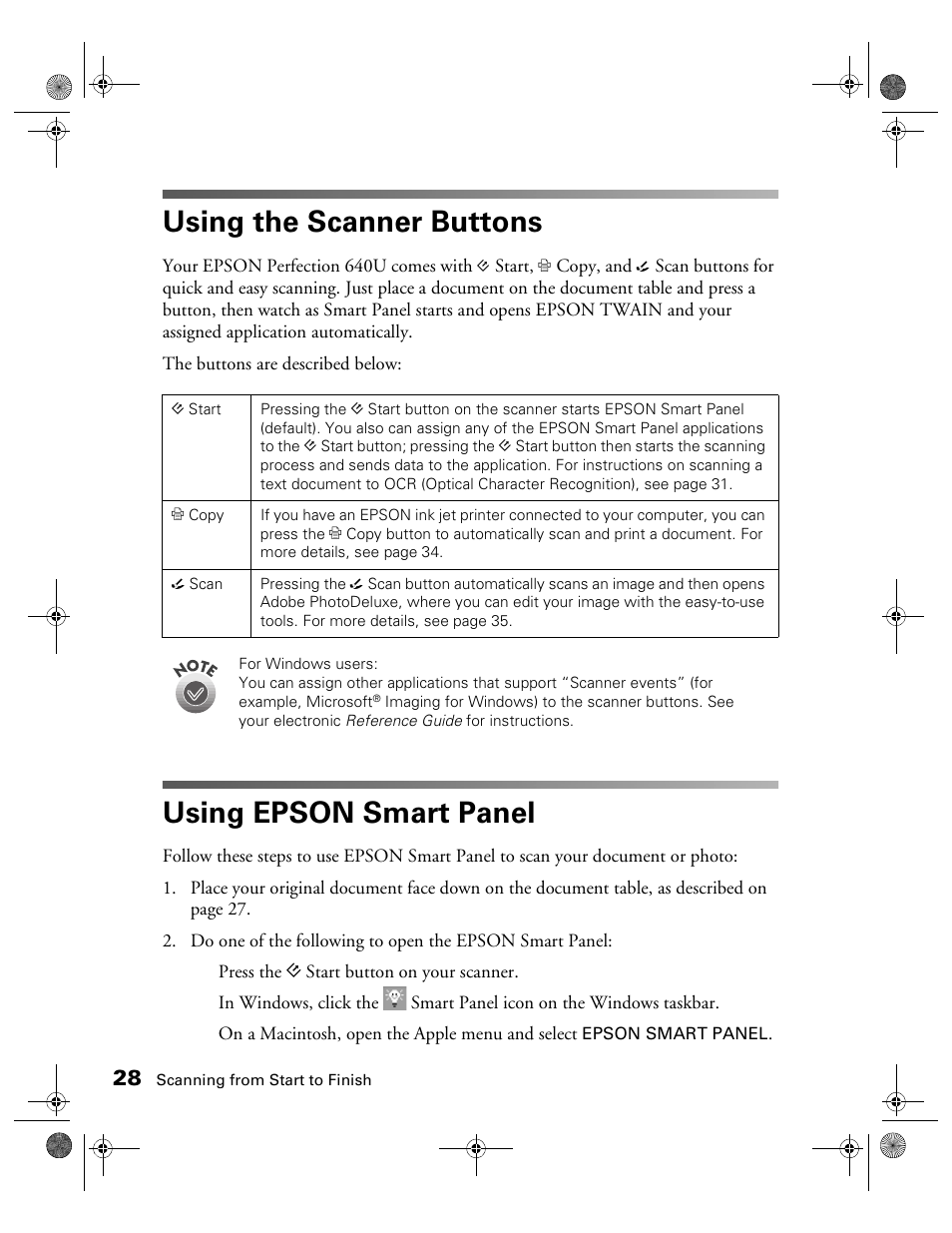 Using the scanner buttons, Using epson smart panel | Epson color Perfection 640U User Manual | Page 33 / 71