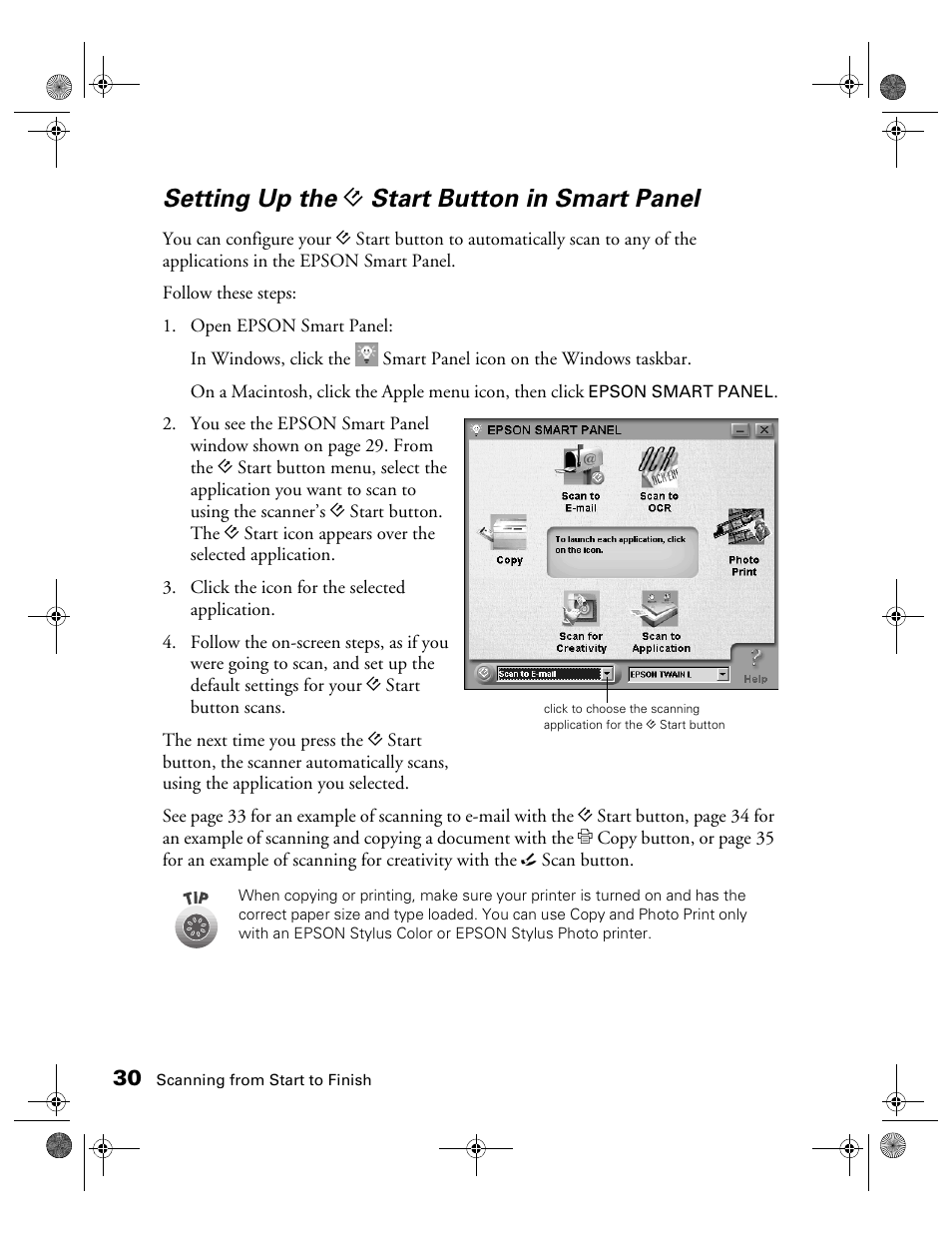 Setting up the] start button in smart panel, Setting up the, Start button in smart panel | Epson color Perfection 640U User Manual | Page 35 / 71