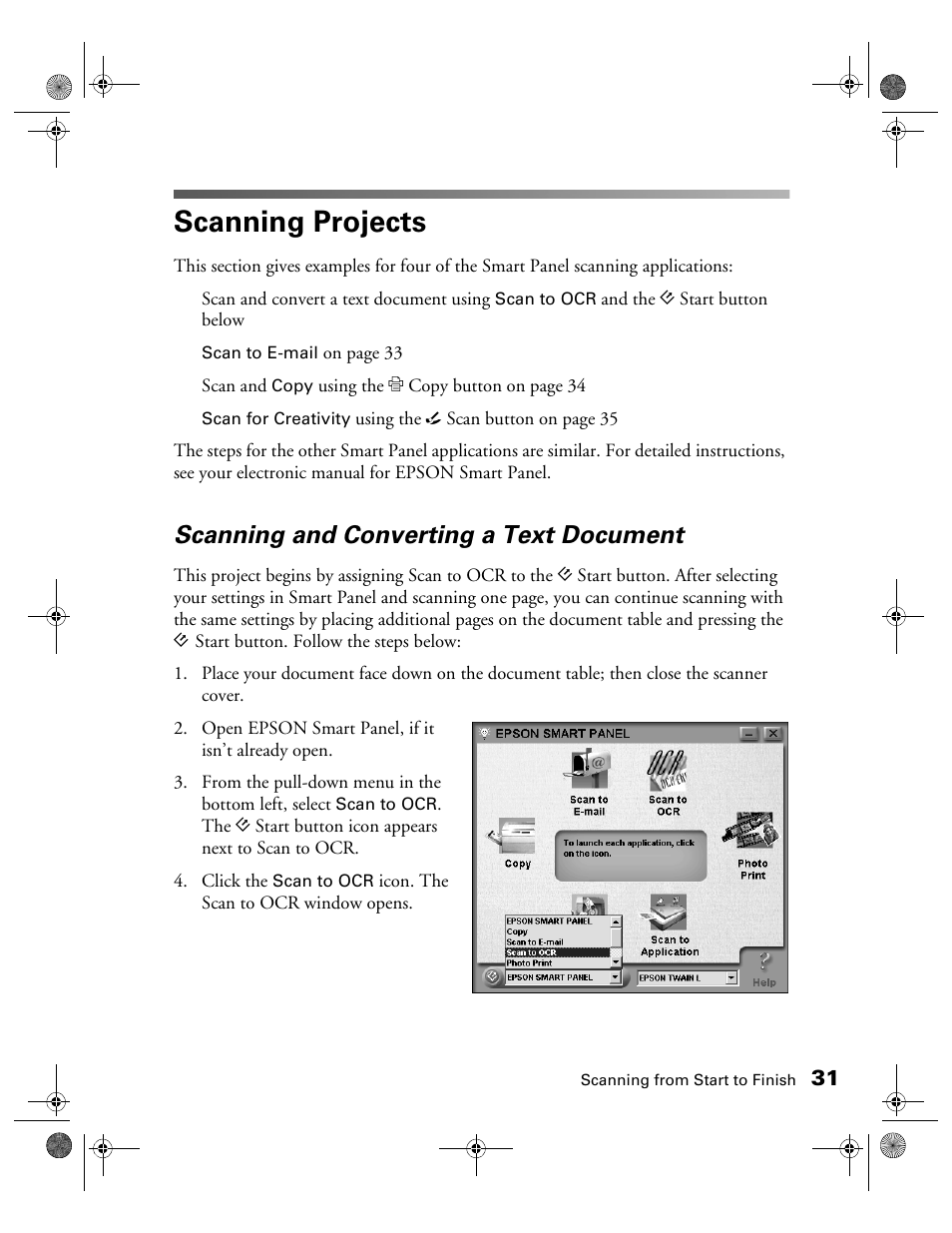 Scanning projects, Scanning and converting a text document | Epson color Perfection 640U User Manual | Page 36 / 71