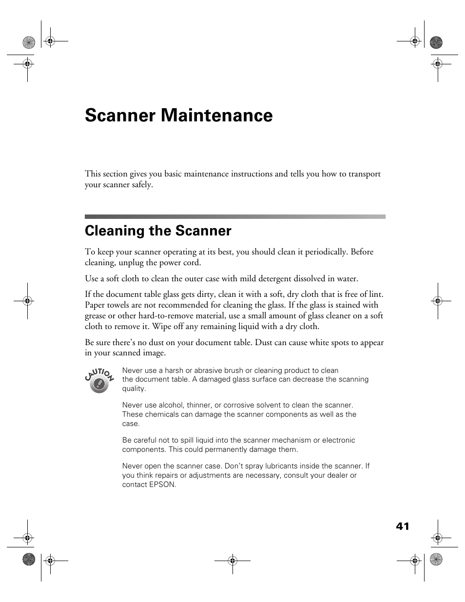 Scanner maintenance, Cleaning the scanner | Epson color Perfection 640U User Manual | Page 46 / 71