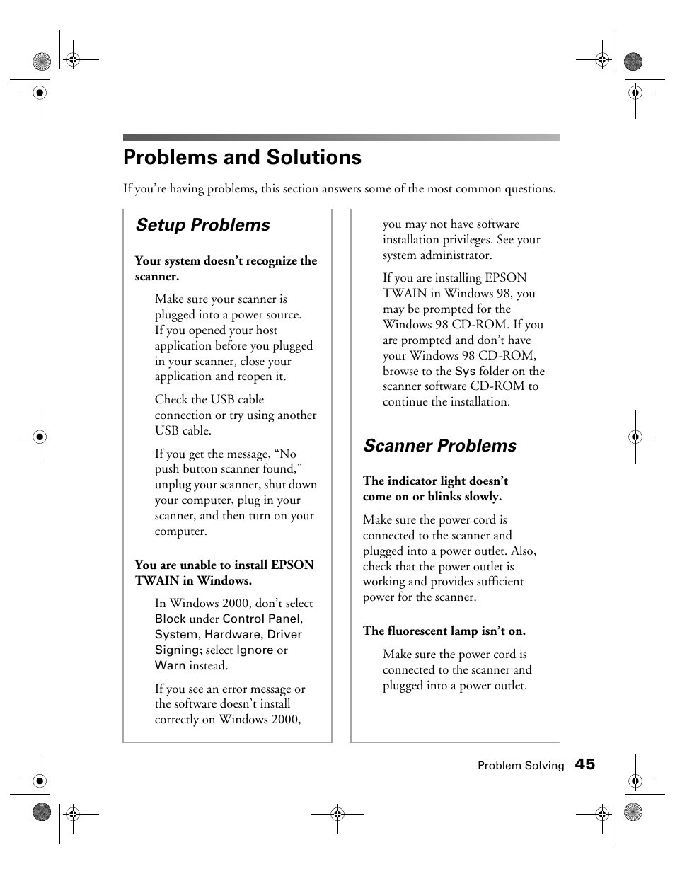 Problems and solutions, Setup problems, Scanner problems | Epson color Perfection 640U User Manual | Page 50 / 71