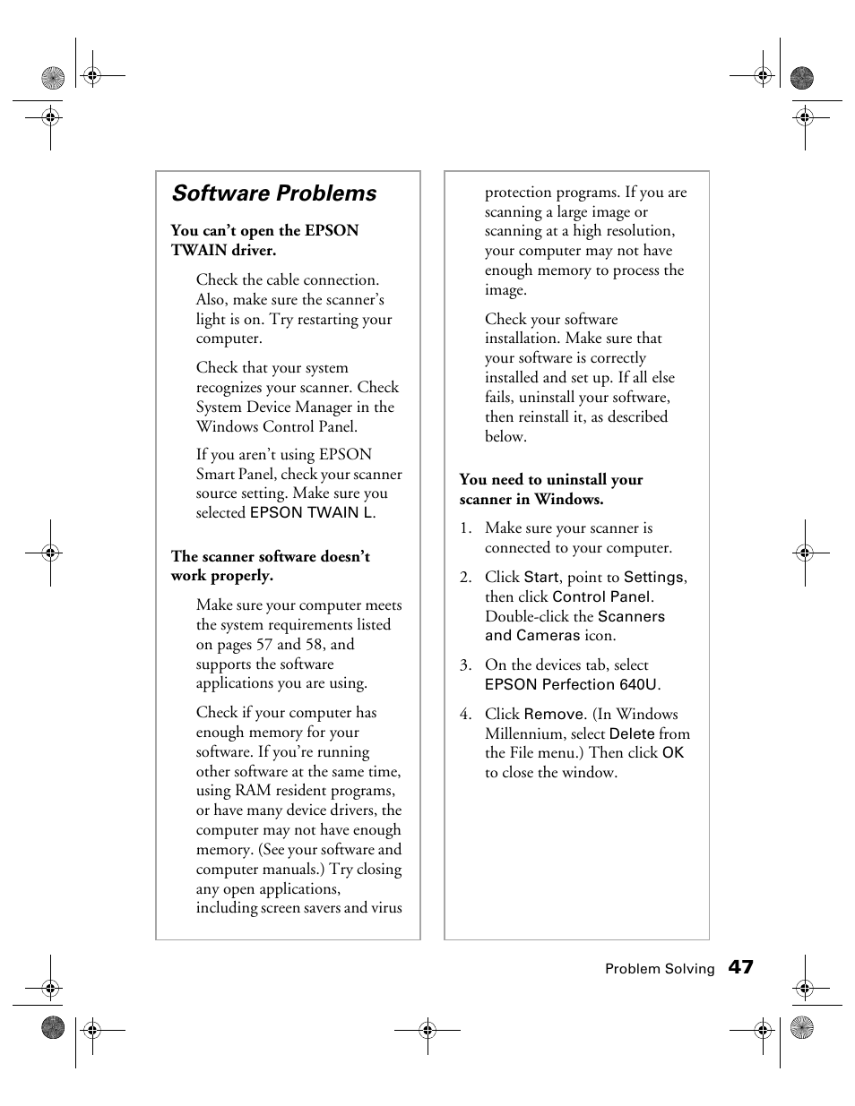 Software problems | Epson color Perfection 640U User Manual | Page 52 / 71