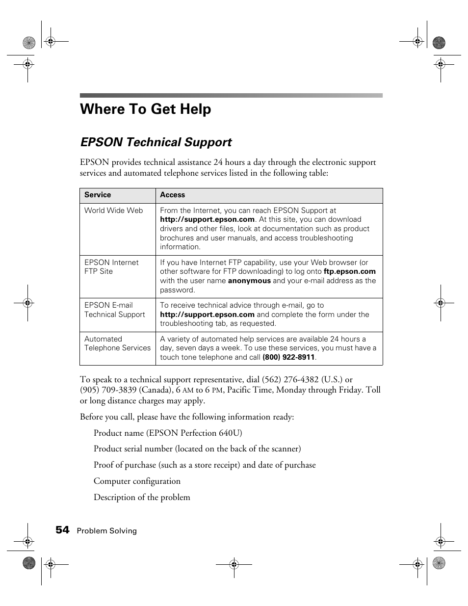 Where to get help, Epson technical support | Epson color Perfection 640U User Manual | Page 59 / 71